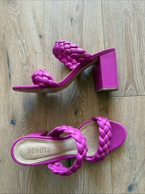 SCHUTZ Braided Double-Strap Block Heel Sandals in Hot Pink